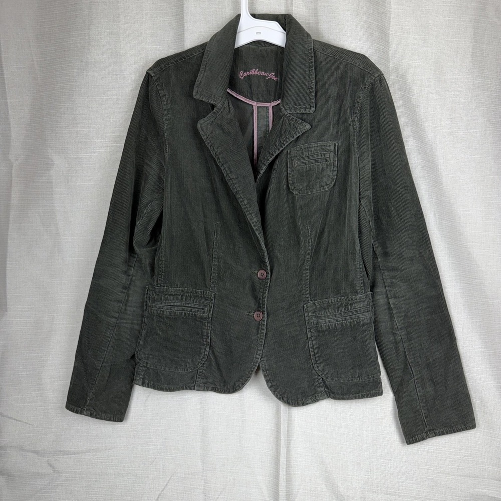 Caribbean Joe Blazer Jacket Womens 12 Green Corduroy Button Front Unlined Casual